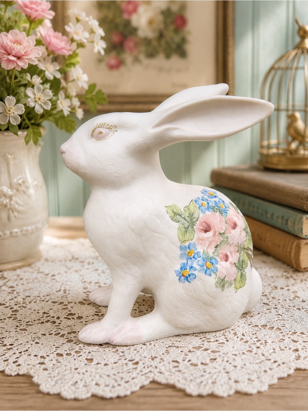 White Floral Ceramic Rabbit Figurine - 7x5"